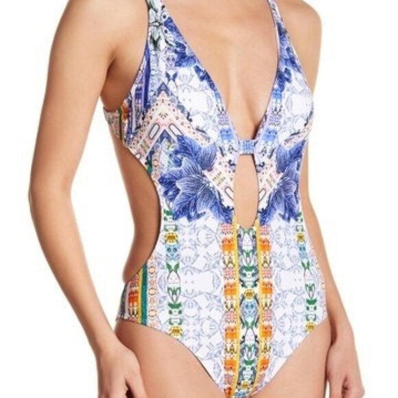 NWOT Rachel Roy Moroccan print Plunge Neck 1-Piece Swimsuit Monokini LG 🏖️ ☀️ - Picture 1 of 10